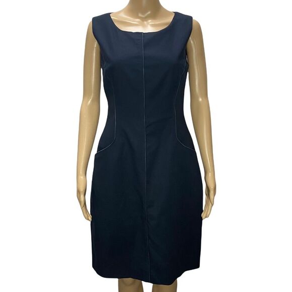 Tahari Blue Cotton Blend Sheath Dress with Piping & Pockets Size 6 - Picture 1 of 9